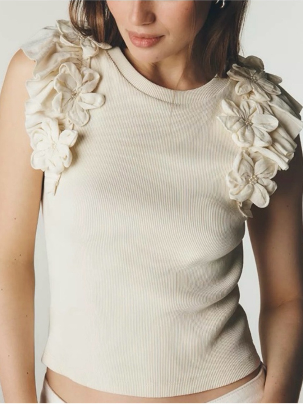 Cream Sleeveless Floral-Appliqué Knit Tank Top